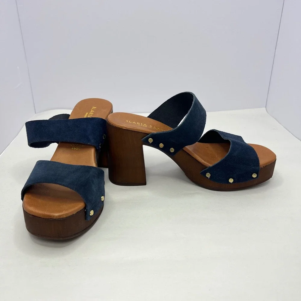 Blue Suede Platform Clog Sandals Women 6.5 Studded Wood Block Heel Boho Festival